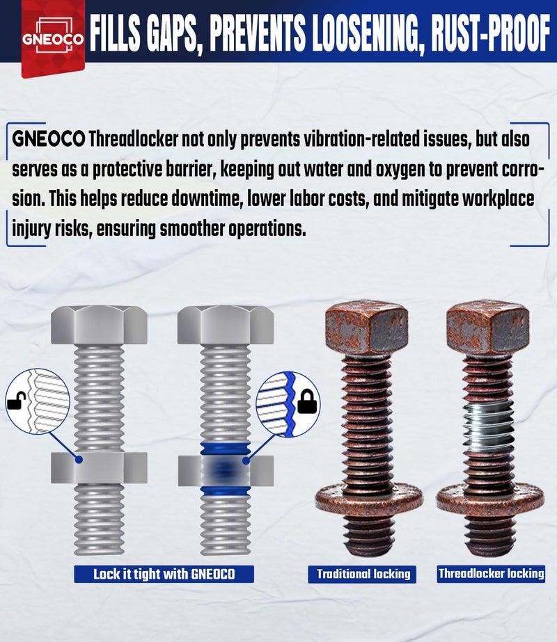 GNEOCO ThreadLocker Blue, Thread Lock Medium Strength Lock Tight for Nuts, Bolts, Fasteners and Metals, Anaerobic Curing Metal Glue to Prevent Loosening and Corrosion (medium-50ml) - Image 4